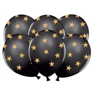 6 zwarte ballonnen met gouden sterretjes   -