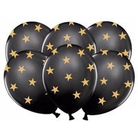 6 zwarte ballonnen met gouden sterretjes   - - thumbnail