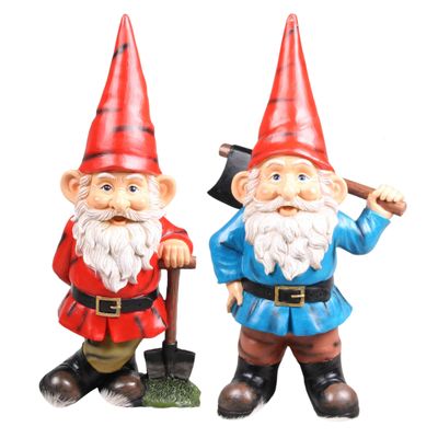 Tuinkabouters beeldjes Dwergen 2x stuks - met bijl en schep - Keramiek - 20 cm