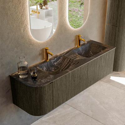 Badmeubel Mondiaz Kurve-Dlux | 155 cm cm | Meubelkleur Shadow | Wastafelkleur Lava | Solid surface | Dubbel / Rechts spoelbak | 2 kraangaten