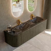 Badmeubel Mondiaz Kurve-Dlux | 155 cm cm | Meubelkleur Shadow | Wastafelkleur Lava | Solid surface | Dubbel / Rechts spoelbak | 2 kraangaten