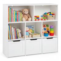 Speelgoedkast Houten Kinderboekenkast met 3 Uittrekbare Lades en 5 Open Vakken Wit/Roze-Wit