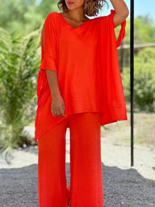 Casual Loose V Neck Plain Two-Piece Set