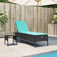 Ligstoel met tafel en kussen, zwart polyrotan