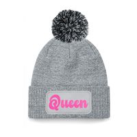 Wintersport muts met pompom - Queen - grijs - roze glitters - one size - volwassenen - Apres ski - thumbnail