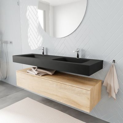 Mondiaz Alan badmeubel 150 cm washed oak 1 lade vrijhangend wastafel dubbel 2 kraangaten zwart