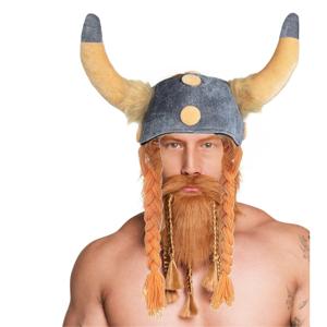 Vikingen/Noormannen verkleed set - 2 delig - heren - helm met hoorns - nep baard rood