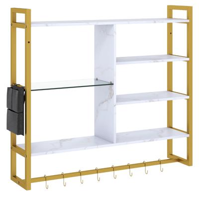 Zwevende Planken 107 cm Wandrek met 6 Planken en 8 S-haken Zijvak & Marmerlook Oppervlak Koffiebarrek Wit