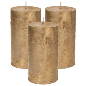 Stompkaars/cilinderkaars - 3x - goud - 7 x 13 cm - rustiek model