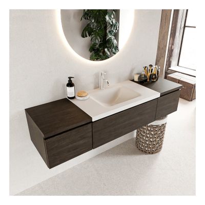 Mondiaz Bukla 160cm badmeubel met module 40 dark brown 3 lades met wastafel midden 1 kraangat kleur talc