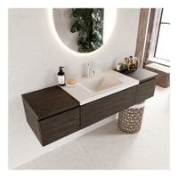 Mondiaz Bukla 160cm badmeubel met module 40 dark brown 3 lades met wastafel midden 1 kraangat kleur talc