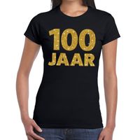 100 jaar goud glitter verjaardag/jubileum kado shirt zwart dames - thumbnail