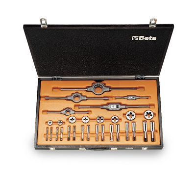 Beta Assortiment van verchroomd stalen tappen en snijplaten, UNF draad, met toebehoren in houten kist 446ASF/C29 - 004460070