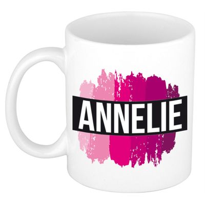 Naam cadeau mok / beker Annelie met roze verfstrepen 300 ml