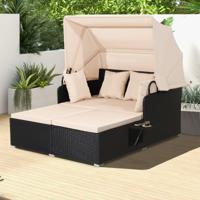 Rotan Ligstoel voor 2 Personen Tuinligstoel met Dak & Uitklapbare Zijtafels Tweepersoons Ligbed Loungebed voor Tuin Terras