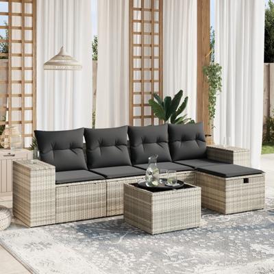 6-delige Loungeset met kussens poly rattan lichtgrijs