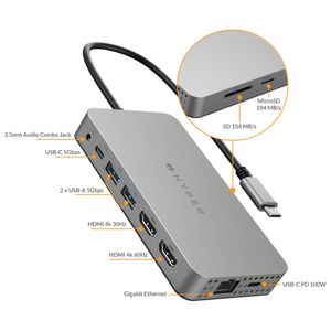 HYPER Dual 4K HDMI 10-in-1 USB-C Hub USB-C dockingstation Geschikt voor merk (dockingstation): Apple, Universeel USB-C Power Delivery, Geïntegreerde kaartlezer