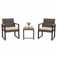 Balkonmeubelset Tuinmeubelset van PE-polyrotan met 2 Stoelen Bijzettafel en Zachte Kussens-Beige