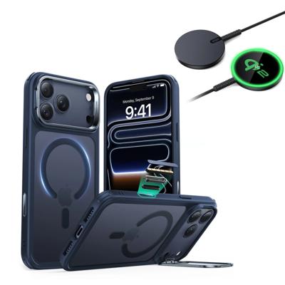 iPhone 17 Pro Bundle Classic Hybrid Magnetic Case (Camera Control, Stash Stand) and Magnetic Charging Pad (Qi2) - Frosted Blue