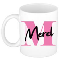 Naam mok Merel - roze - wit - keramiek - 300 ml - verjaardag/cadeau beker