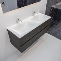 Mondiaz Vica Cloud badmeubel eiken donker bruin 120 cm 2 lades solid surface dubbele spoelbak 2 kraangaten