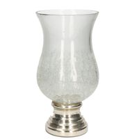 Glazen stormlamp/windlichten craquele op zilveren voet 26,5 cm