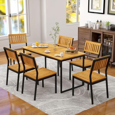 Acaciahouten Eettafel voor 6 Personen Rechthoekige Tuintafel met Lattenrooster Metalen Frame & Parasolgat 140 x 70 x 70 cm