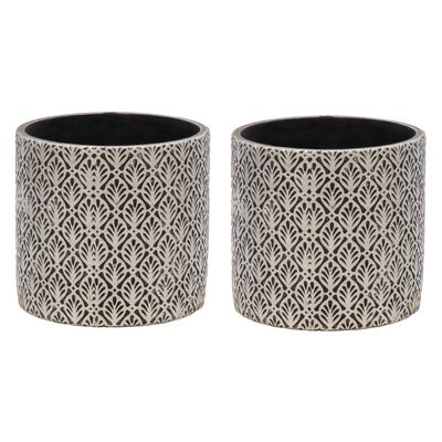 Plantenpot/bloempot - 2x - keramiek - antraciet/zilver - Oosters motief - D14 x H13 cm Plantenpot/bloempot - 2x - keramiek - antraciet/zilver - Oosters motief - D14 x H13 cm