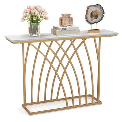 120 cm Lange Gouden Consoletafel Moderne Entreetafel met Wit Kunstmarmeren Blad en Geometrische Basis Slanke Lange Banktafel