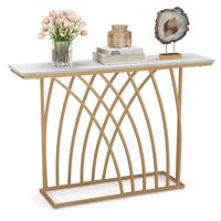 120 cm Lange Gouden Consoletafel Moderne Entreetafel met Wit Kunstmarmeren Blad en Geometrische Basis Slanke Lange Banktafel