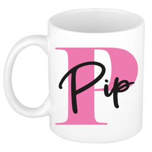 Naam mok Pip - roze - wit - keramiek - 300 ml - verjaardag/cadeau beker