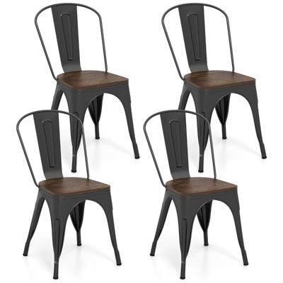 Set van 4 Eetkamerstoelen 4-Delige Stapelbare Metalen Krukken Metalen Barkrukken met Rugleuning Houten Zitting voor Thuis Café Bar