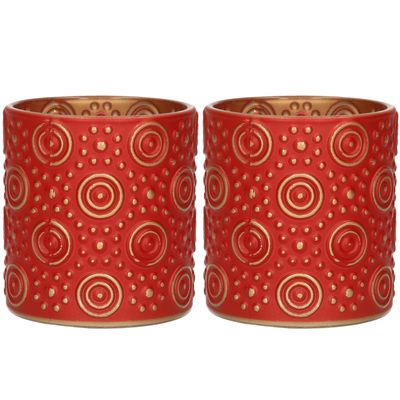 2x stuks luxe theelichthouder/kaarsenhouder - rood/goud - glas - D7 x H8 cm