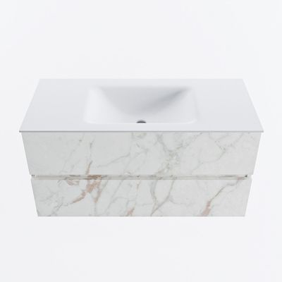 MONDIAZ VICA 100cm badmeubel onderkast Carrara 2 lades. Wastafel CLOUD midden zonder kraangat, kleur Talc.