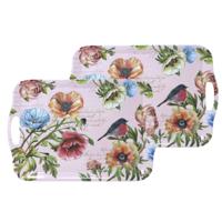 Dienblad/serveer tray - 2x - bloemenmotief - roze - kunststof - 42 x 29 cm - thumbnail