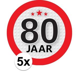 5x 80 jaar leeftijd sticker - rond - dia 9 cm - 80 jaar verjaardag/jubileum/leeftijd versiering