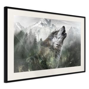 Ingelijste Poster - Huilende Wolf in de bergen,  Zwarte lijst met passe-partout