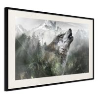 Ingelijste Poster - Huilende Wolf in de bergen,  Zwarte lijst met passe-partout - thumbnail