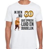 Cadeau T-shirt heren - leeftijd 80 jaar - wit - luid en duidelijk - verjaardagsfeest