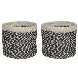 2x stuks naturel zwart rotan planten pot mand van gedraaid jute/riet H20 en D20 cm - Plantenpotten