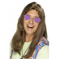 Hippie Sixties verkleed set - Pruik lang haar bruin - bril ronde glazen paars - heren