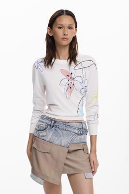 Fijne trui met bloemenpatroon - WHITE - XL