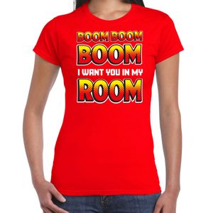 Foute party t-shirt voor dames - Boom boom boom i want you in my room - rood - carnaval/themafeest