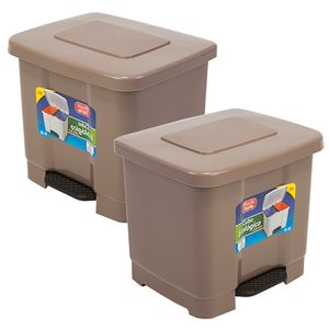 2x stuks dubbele afvalemmer/vuilnisemmer taupe 35 liter met deksel en pedaal