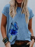 Butterfly Print Short Sleeve Round Neck Casual Tee