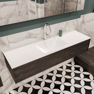 Mondiaz Lush Cloud badmeubel eiken Dark brown 150 cm 1 lade solid surface enkele spoelbak midden 1 kraangat
