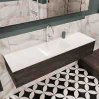 Mondiaz Lush Cloud badmeubel eiken donker bruin 150 cm 1 lade solid surface enkele spoelbak midden 1 kraangat