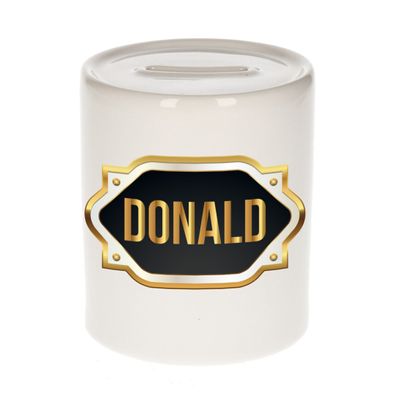 Naam cadeau spaarpot Donald met gouden embleem Naam cadeau spaarpot Donald met gouden embleem