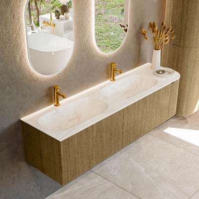 Badmeubel Mondiaz Kurve-Dlux | 165 cm cm | Meubelkleur Dusk | Wastafelkleur Ostra | Solid surface | Dubbel / Links spoelbak | 2 kraangaten