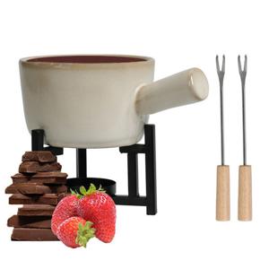 Chocoladefondue setje met houder - porselein - beige/zwart - incl. 2 vorken